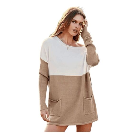 Pretty Garden Colorblock Sweater Mini Dress Cream Tan Knit S - Picture 2 of 10